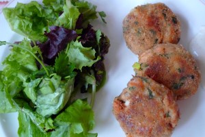 salmon cakes with herb salad